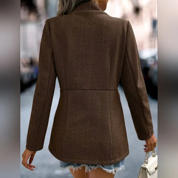 New Chic Classic Tweed Jacket Blazer Coffee Brown - Picture 4 of 8